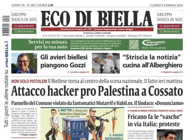 “Attacco hacker pro Palestina a Cossato”: la prima pagina di Eco di Biella in edicola oggi
