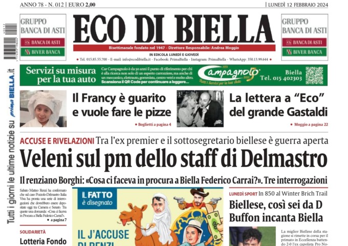 “Veleni sul pm dello staff di Delmastro”: la prima pagina di Eco di Biella in edicola oggi
