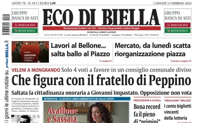 “Veleni a Mongrando, che figura con il fratello di Peppino Impastato”: la prima pagina di Eco di Biella in edicola oggi