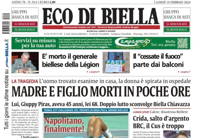 “Madre e figlio morti in poche ore”: la prima pagina di Eco di Biella in edicola oggi