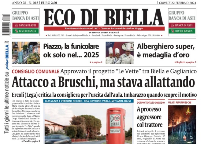 “Consiglio comunale a Biella, attacco a Bruschi, ma stava allattando”: la prima pagina di Eco di Biella in edicola oggi