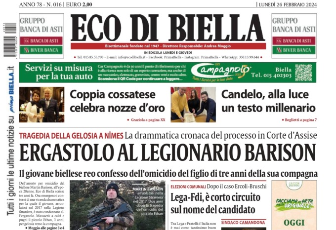 “Ergastolo al legionario Barison”: la prima pagina di Eco di Biella in edicola oggi