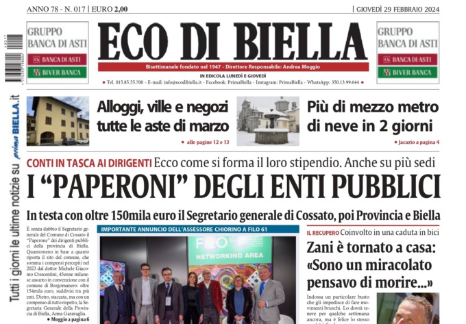 “I Paperoni degli enti pubblici”: la prima pagina di Eco di Biella in edicola oggi