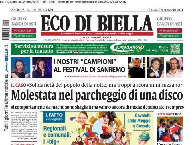 “Molestata nel parcheggio di una discoteca”: la prima pagina di Eco di Biella in edicola oggi