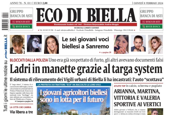 “Ladri in manette grazie al targa system”: la prima pagina di Eco di Biella in edicola oggi
