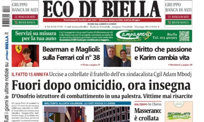 "Fuori dopo omicidio, ora insegna": la prima pagina di Eco di Biella in edicola oggi