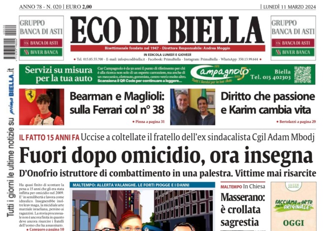 “Fuori dopo omicidio, ora insegna”: la prima pagina di Eco di Biella in edicola oggi