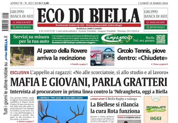 “Mafia e giovani, parla Gratteri”: la prima pagina di Eco di Biella in edicola oggi