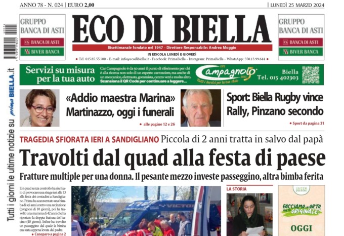 “Travolti dal quad alla festa di paese”: la prima pagina di Eco di Biella in edicola oggi