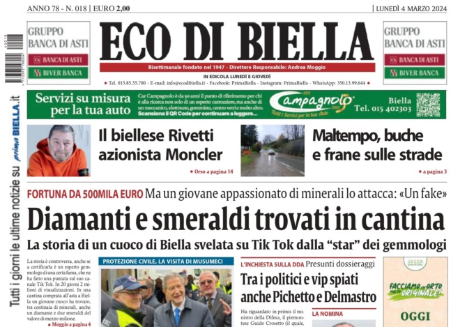 “Diamanti e smeraldi trovati in cantina”: la prima pagina di Eco di Biella in edicola oggi