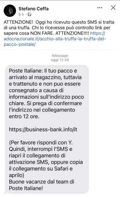 “Attenzione alla truffa del pacco postale”