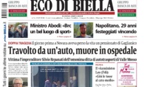 "Travolto da un'auto, muore in ospedale": la prima pagina di Eco di Biella in edicola oggi