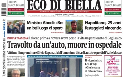 "Travolto da un'auto, muore in ospedale": la prima pagina di Eco di Biella in edicola oggi