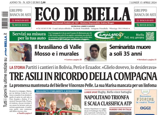 “Tre asili in ricordo della compagna”: la prima pagina di Eco di Biella in edicola oggi