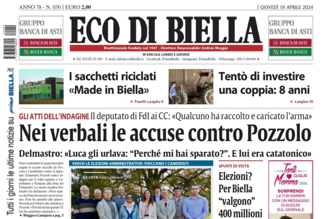 “Nei verbali le accuse contro Pozzolo”: la prima pagina di Eco di Biella in edicola oggi