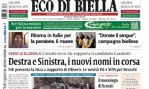 "Destra e Sinistra, i nuovi nomi in corsa": la prima pagina di Eco di Biella in edicola oggi