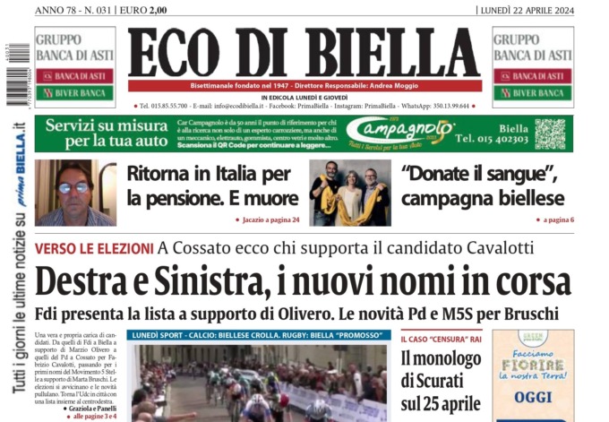 “Destra e Sinistra, i nuovi nomi in corsa”: la prima pagina di Eco di Biella in edicola oggi