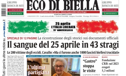 "Il sangue del 25 aprile in 43 stragi": la prima pagina di Eco di Biella in edicola oggi