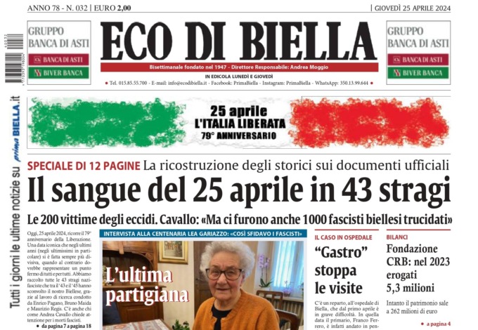 “Il sangue del 25 aprile in 43 stragi”: la prima pagina di Eco di Biella in edicola oggi