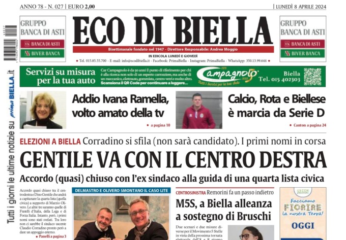 “Gentile va con il centrodestra”: la prima pagina di Eco di Biella in edicola oggi