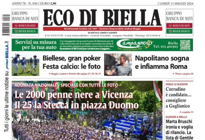 “Le 2000 penne nere a Vicenza”: la prima pagina di Eco di Biella in edicola oggi