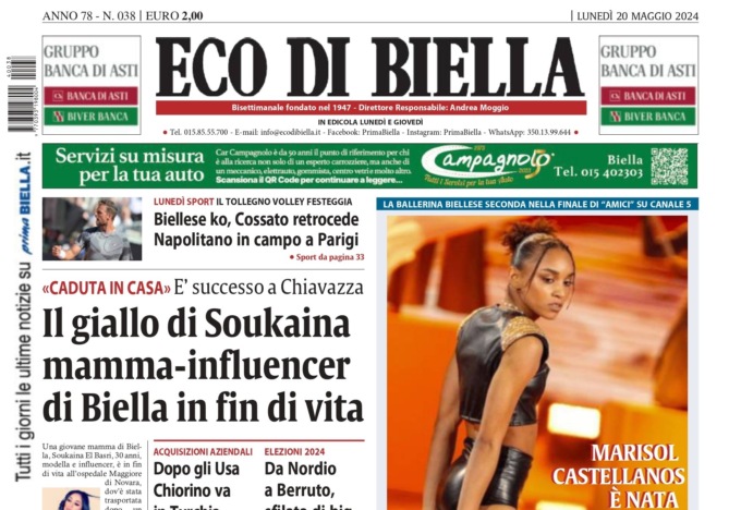 “Il giallo di Soukaina, la mamma-influencer in fin di vita”: la prima pagina di Eco di Biella in edicola oggi
