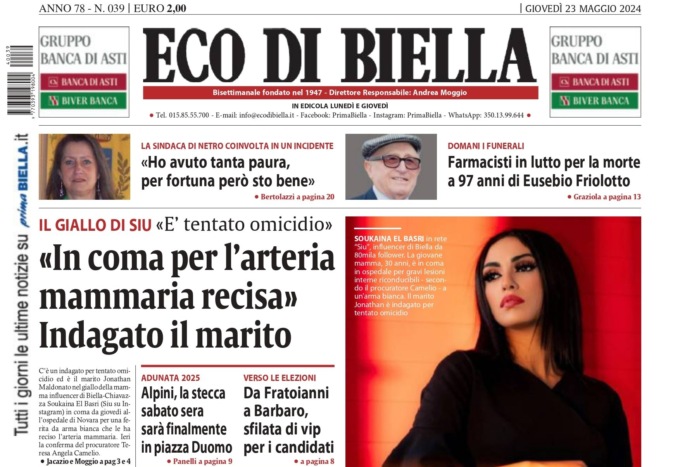“‘In coma per l’arteria mammaria recisa’. Indagato il marito: la prima pagina di Eco di Biella in edicola oggi