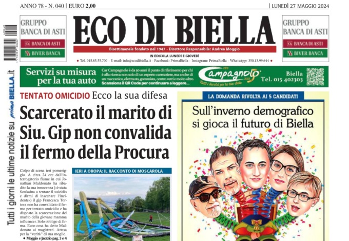 “Scarcerato dal Gip il marito di Siu. I verbali dell’interrogatorio”: la prima pagina di Eco di Biella in edicola oggi