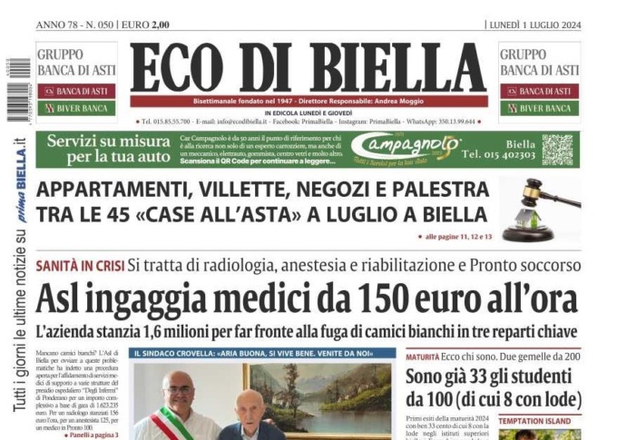 “Asl ingaggia medici da 150 euro l’ora”: la prima pagina di Eco di Biella in edicola oggi