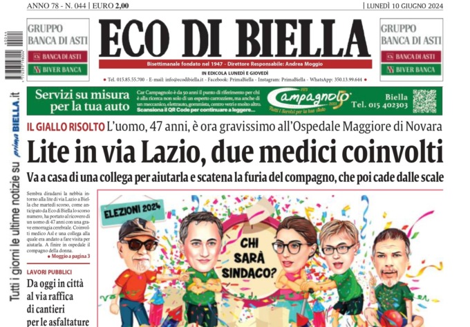 “Lite in via Lazio, due medici coinvolti”: la prima pagina di Eco di Biella in edicola oggi