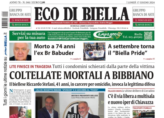 “Coltellate mortali a Bibbiano”: la prima pagina di Eco di Biella in edicola oggi