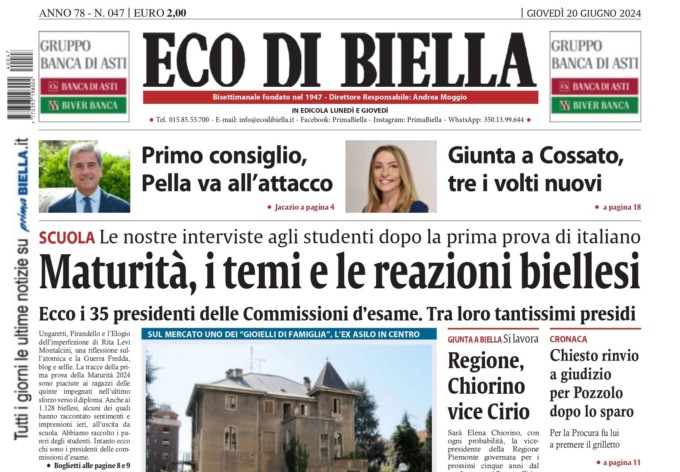 “Maturità, i temi e le reazioni biellesi”: la prima pagina di Eco di Biella in edicola oggi