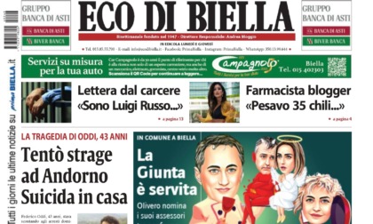 "Tentò strage ad Andorno. Suicida in casa": la prima pagina di Eco di Biella in edicola oggi