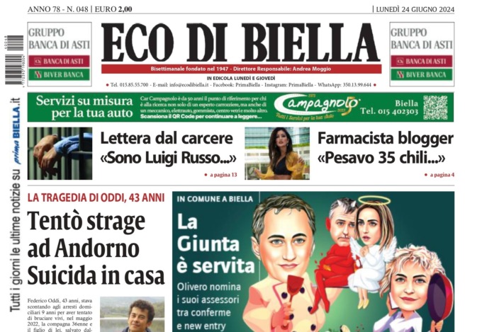 “Tentò strage ad Andorno. Suicida in casa”: la prima pagina di Eco di Biella in edicola oggi