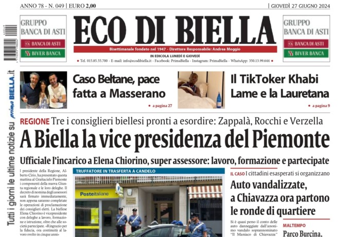 “A Biella la vice presidenza del Piemonte”: la prima pagina di Eco di Biella in edicola oggi