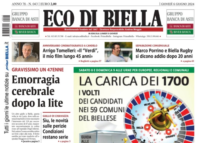 “Emorragia cerebrale dopo la lite”: la prima pagina di Eco di Biella in edicola oggi