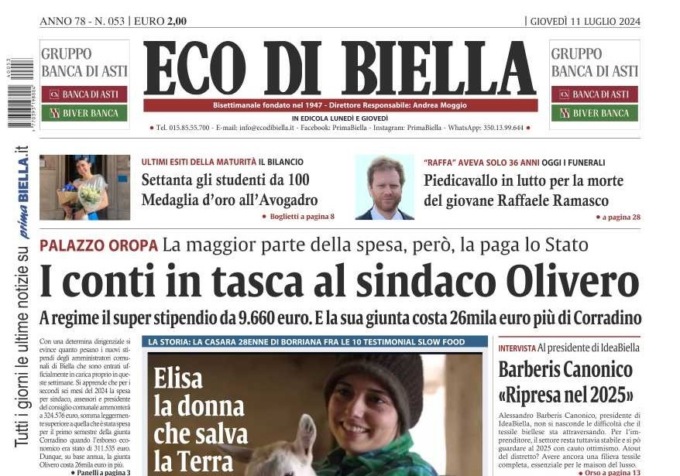 “I conti in tasca al sindaco Olivero”: la prima pagina di Eco di Biella in edicola oggi
