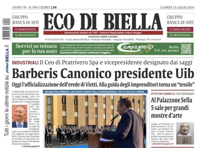 “Barberis Canonico presidente Uib”: la prima pagina di Eco di Biella in edicola oggi