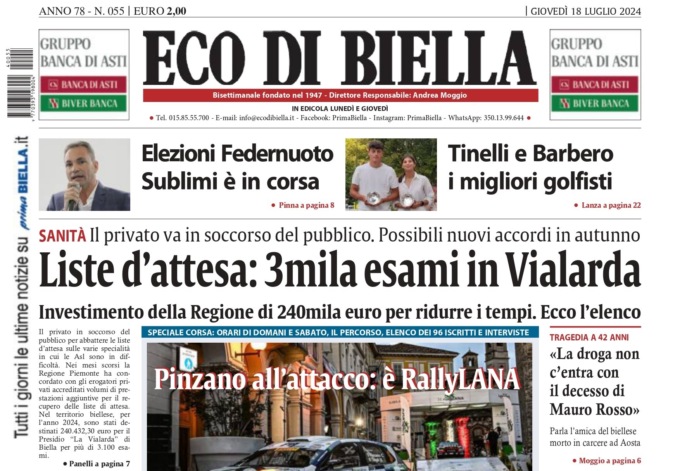 “Liste d’attesa: 3mila esami in Vialarda”: la prima pagina di Eco di Biella in edicola oggi