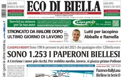 "Sono 1253 i Paperoni biellesi": la prima pagina di Eco di Biella in edicola oggi
