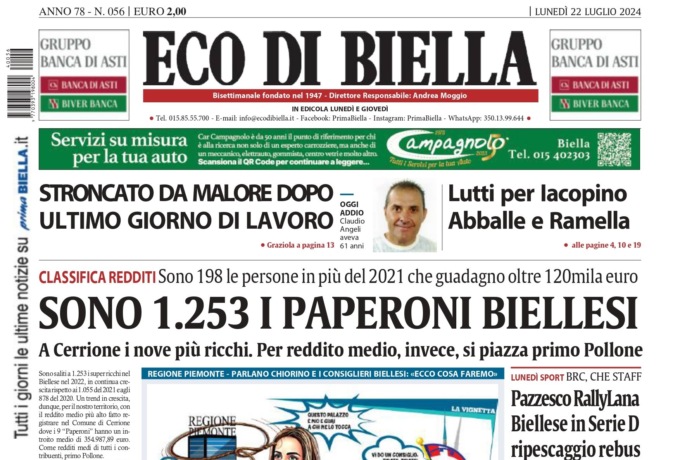 “Sono 1253 i Paperoni biellesi”: la prima pagina di Eco di Biella in edicola oggi