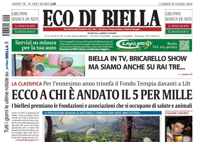 “Ecco a chi è andato il 5×1000”: la prima pagina di Eco di Biella in edicola oggi