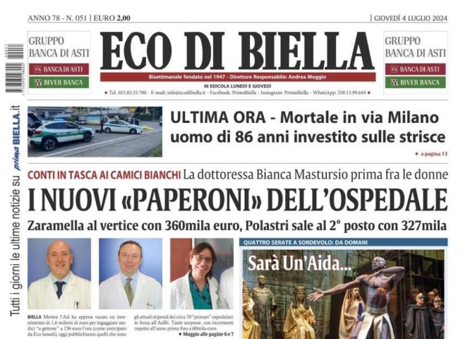 “I nuovi Paperoni dell’ospedale”: la prima pagina di Eco di Biella in edicola oggi