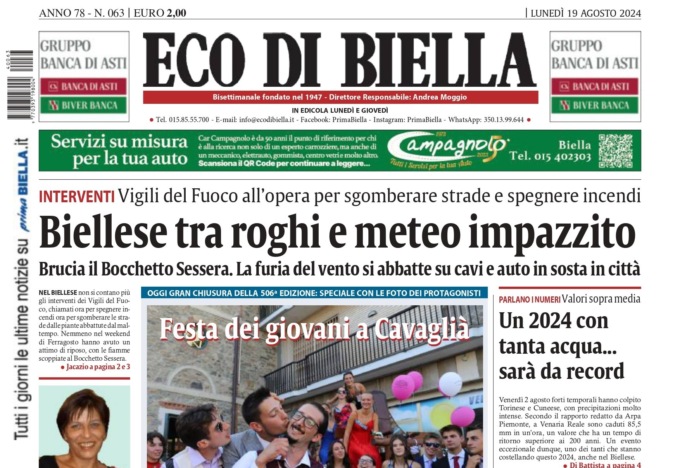 “Biellese tra roghi e meteo impazzito”: la prima pagina di Eco di Biella in edicola oggi