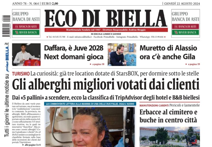 “Gli alberghi migliori votati dai clienti”: la prima pagina di Eco di Biella in edicola oggi