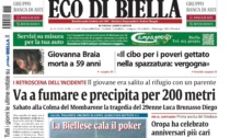 "Va a fumare e precipita per 200 metri": la prima pagina di Eco di Biella in edicola oggi