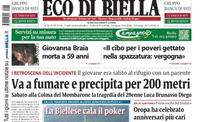 "Va a fumare e precipita per 200 metri": la prima pagina di Eco di Biella in edicola oggi