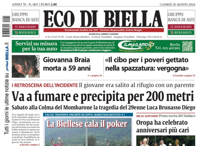 “Va a fumare e precipita per 200 metri”: la prima pagina di Eco di Biella in edicola oggi