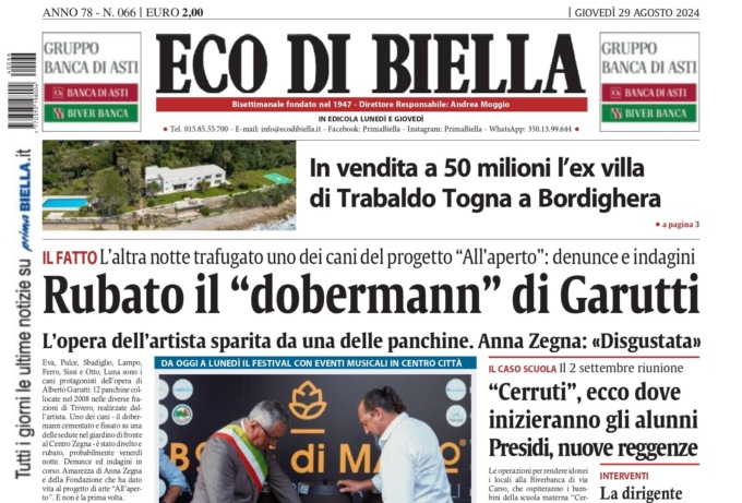 “Rubato il ‘dobermann’ di Garutti”: la prima pagina di Eco di Biella in edicola oggi