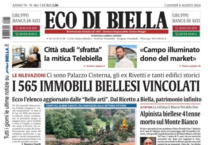 “I 565 immobili biellesi vincolati”: la prima pagina di Eco di Biella in edicola oggi